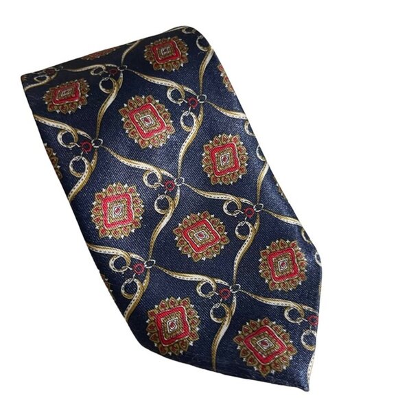 Italian pure silk men's tie blue red patterned 3" wide 56" long - Picture 3 of 5